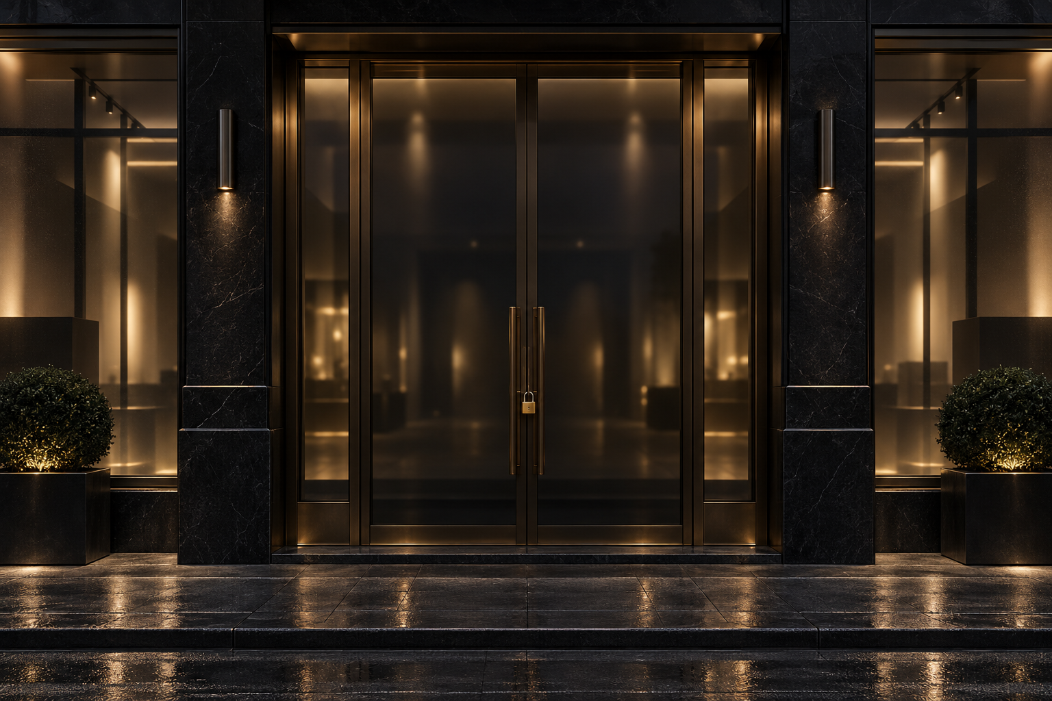 Closed luxury boutique with dark glass doors and warm lighting